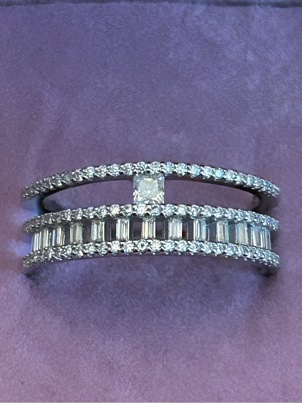 2.00CTW Genuine Moissanite Baguette Square & Round Multi-Row Band Ring 925 Silvr